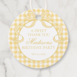 Yellow Gingham Coquette Bow Birthday Party Circle Favour Tags