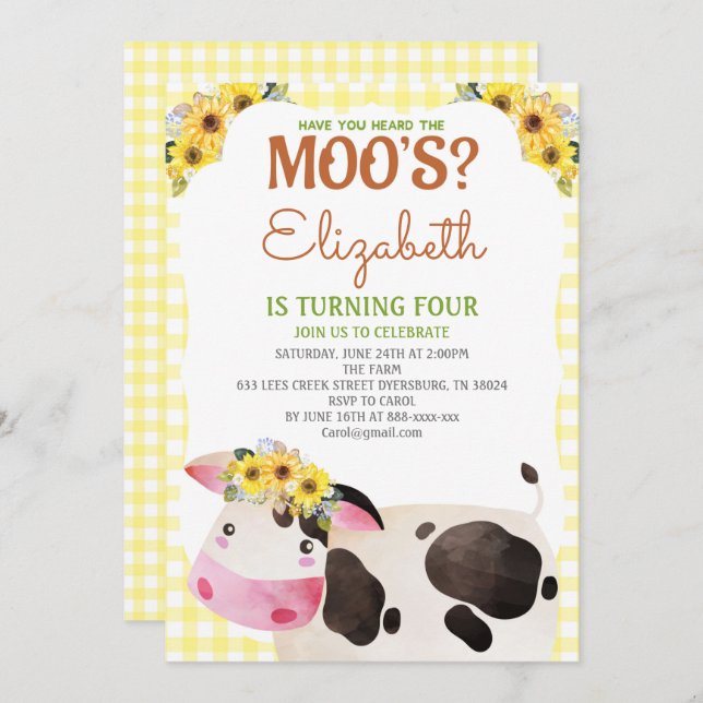Yellow Gingham Cow Birthday Farm Animals Barnyard Invitation (Front/Back)