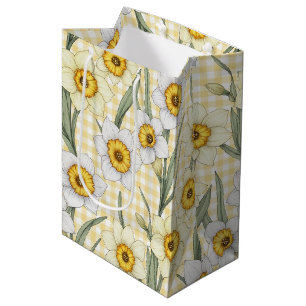 Yellow Gingham Daffodil Botanical Floral Pattern Medium Gift Bag