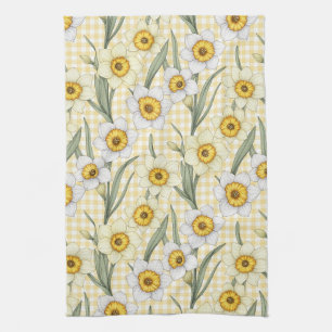 Yellow Gingham Daffodil Botanical Floral Pattern Tea Towel