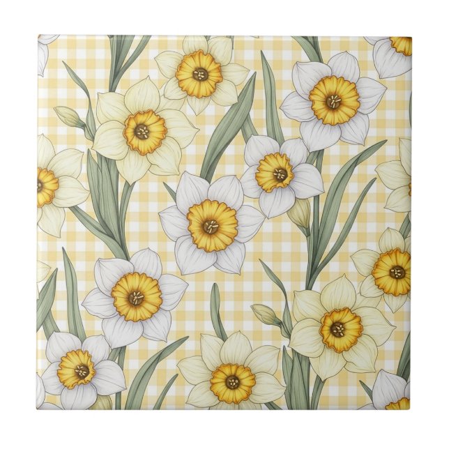 Yellow Gingham Daffodil Botanical Floral Pattern Tile (Front)