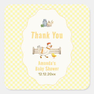 Yellow Gingham Farm Fresh Chicks Baby Shower Square Sticker