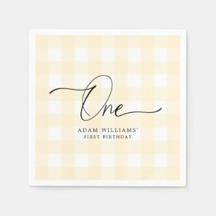 Yellow Gingham First Birthday Paper Napkin