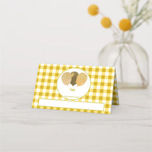 Yellow Gingham Glitter Balloons Folded Table  Place Card