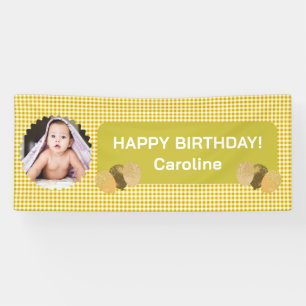 Yellow Gingham Glitter Balloons Photo Birthday Banner