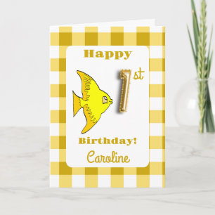 Yellow Gingham Gold Foil Balloon Fish 1st Birthday Card