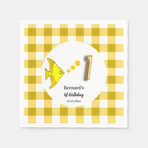 Yellow Gingham Gold Foil Balloon Fish 1st Birthday Napkin