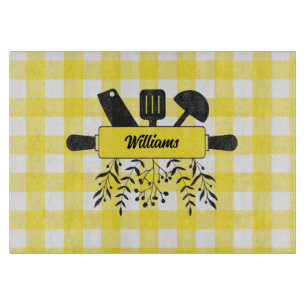 Yellow Gingham Gourmet Glass Cutting Board