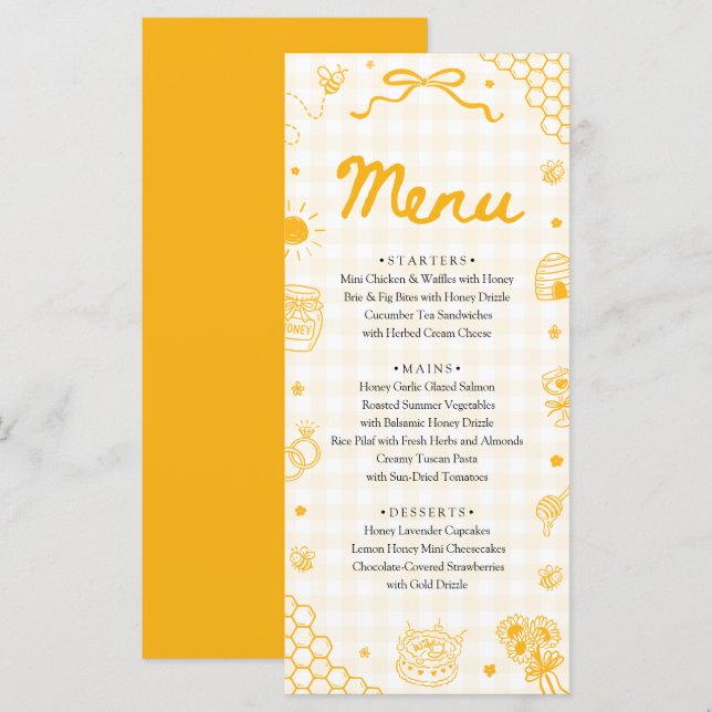 Yellow Gingham Hand Drawn Honey Bee Menu Card (Front/Back)