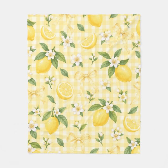 Yellow Gingham Lemon Floral Bow Pattern Fleece Blanket (Front)