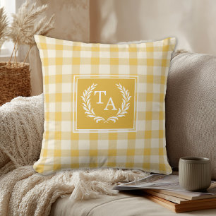 Yellow Gingham Monogram Crest Cushion