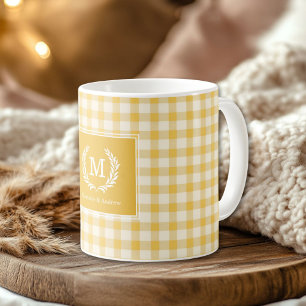 Yellow Gingham Monogram Crest Custom Coffee Mug