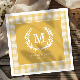 Yellow Gingham Monogram Crest Custom Napkin