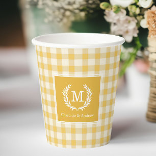 Yellow Gingham Monogram Crest Custom Paper Cups