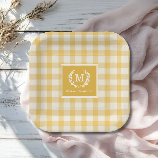 Yellow Gingham Monogram Crest Custom Paper Plate (Yellow Gingham Monogram Crest Custom Paper Plates with your Monogram and Names.)