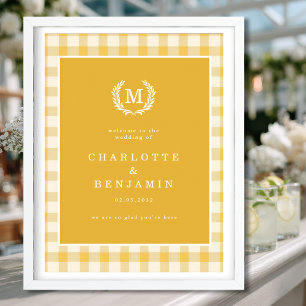 Yellow Gingham Monogram Crest Wedding Welcome Poster