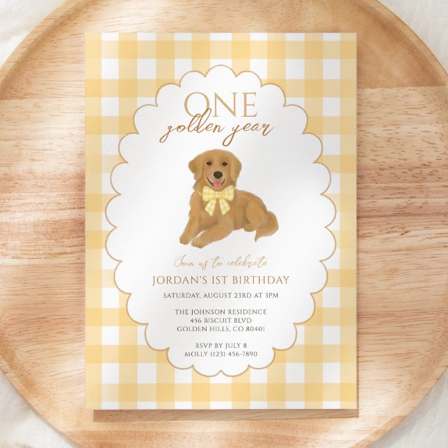 Yellow Gingham One Golden Year 1st Birthday Puppy Invitation (Creator Uploaded)