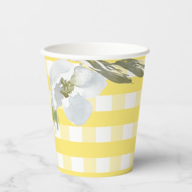 Yellow Gingham Party Tableware Watercolor Flower Paper Cups (Front)