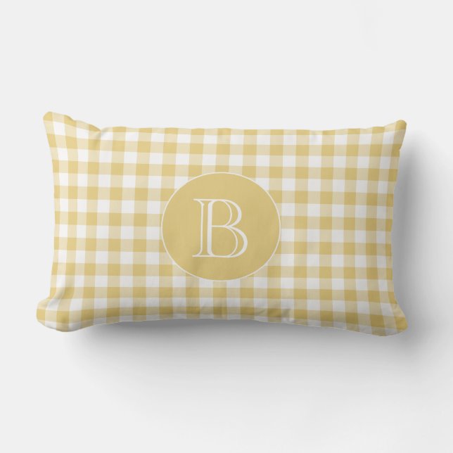 Yellow Gingham Pattern Custom Monogram Lumbar Cushion (Front)