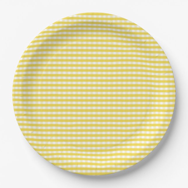 Yellow Gingham Pattern Paper Plate (Front)