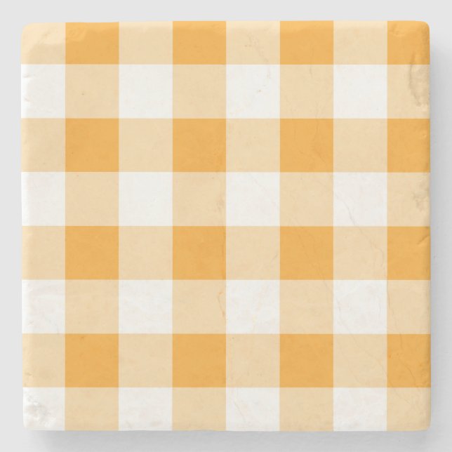 Yellow Gingham Pattern Stone Coaster (Front)