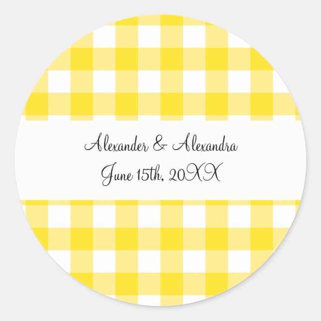 Yellow gingham pattern wedding favours classic round sticker (Front)