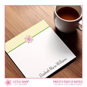 Yellow Gingham Pink Floral Personalised Post-it Notes