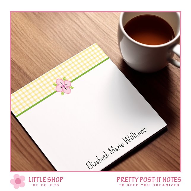 Yellow Gingham Pink Floral Personalised Post-it Notes (Creator Uploaded)