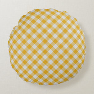 Yellow Gingham Plaid Checkered Pattern Round Cushion