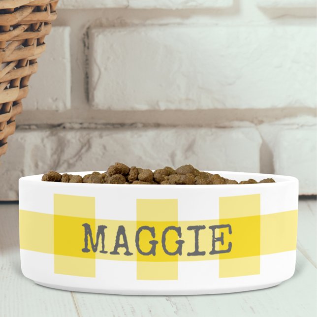Yellow Gingham Plaid Personalised Farmhouse Dog Bowl (Creator Uploaded)