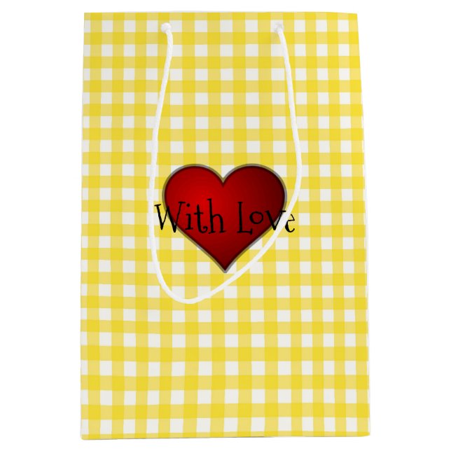 Yellow Gingham Red heart With Love Medium Gift Bag (Front)