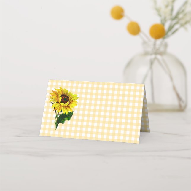 Yellow Gingham Wedding Folded Place Card (Front)