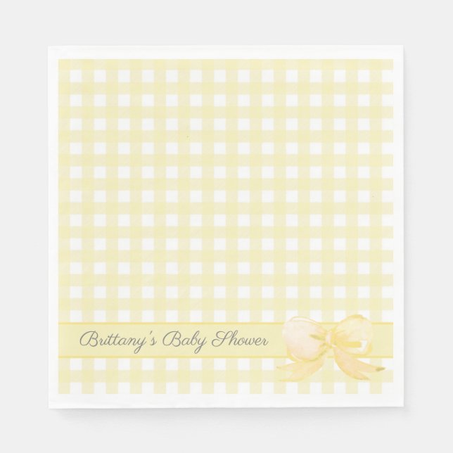 Yellow Gingham with Bow Baby Shower Napkins (Front)