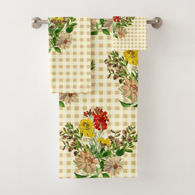 Yellow Gingham with Clematis Wildflowers  Bath Towel Set (Insitu)