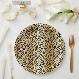 Yellow Glam Gold Black Glitter Leopard  Paper Plate