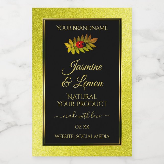 Yellow Glitter Black Product Labels with Ladybug (Single Label)