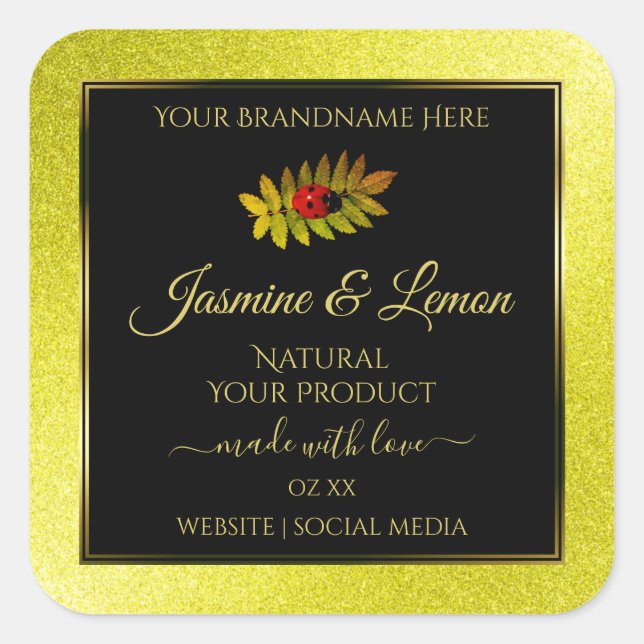 Yellow Glitter Black Product Labels with Ladybug (Front)