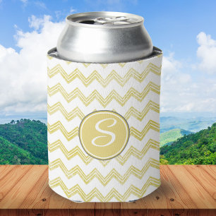 Yellow Glitter Chevron With Monogram Can Cooler