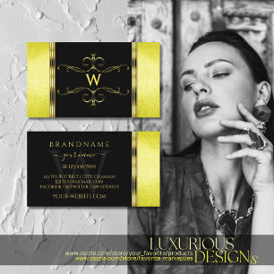 Yellow Glitter Golden Ornaments Black and Monogram Business Card