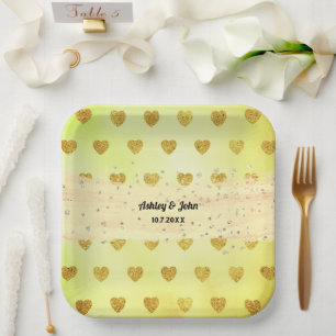 Yellow Glitter Hearts Wedding Birthday Paper Plate