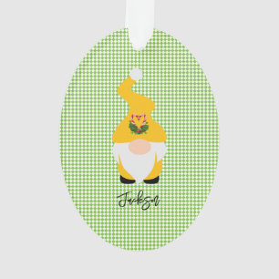 Yellow Gnome Green Check NAME Year Christmas Fun Ornament