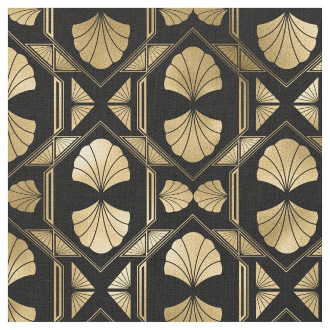 Yellow Gold and Black Art Deco Shell Pattern Fabric (Close Up)