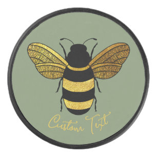 YELLOW GOLD AND BLACK COLOR BUMBLE BEE WINGS TEXT HOCKEY PUCK