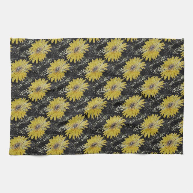 Yellow, gold and black, Gerber Daisy kitchen towel (Horizontal)