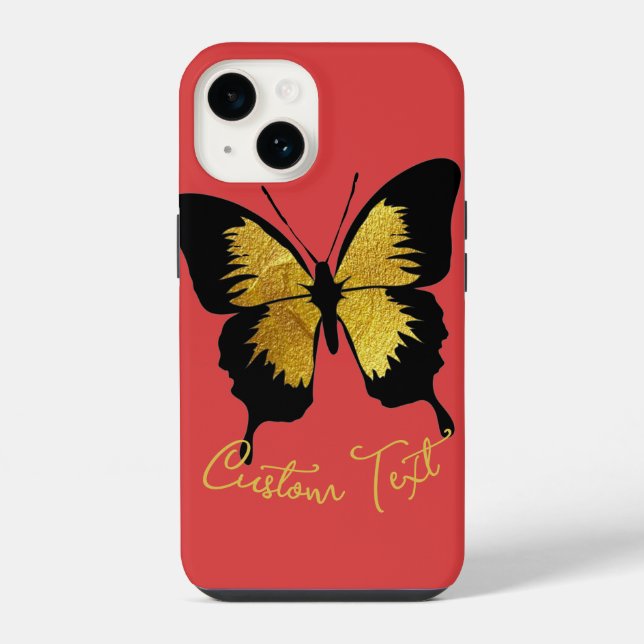 YELLOW GOLD BLACK BUTTERFLY CUSTOM SCRIPT TEXT RED iPhone CASE (Back)