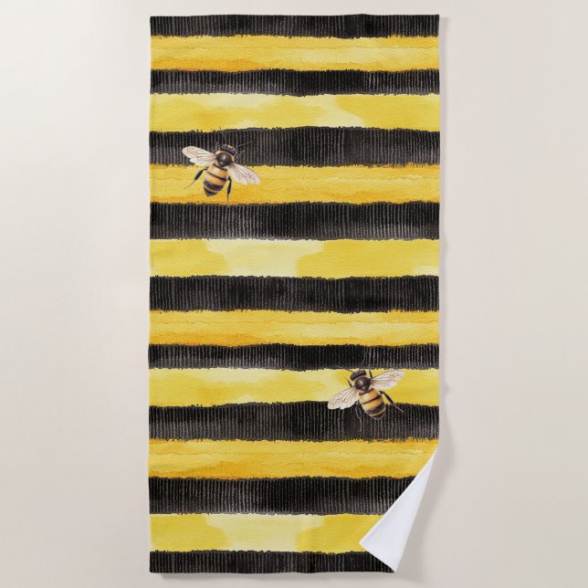Yellow Gold Black Stripes Honey Bee  Beach Towel (Front)
