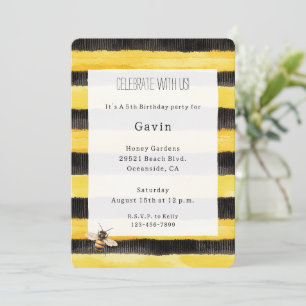 Yellow Gold Black Stripes Honey Bee Birthday Invitation