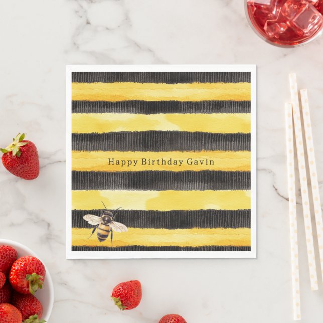Yellow Gold Black Stripes Honey Bee Birthday Napkin (Insitu)
