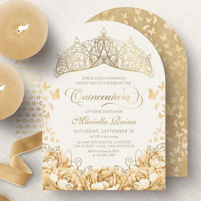 Yellow Gold Butterflies Floral Crown Quinceanera Invitation (Creator Uploaded)