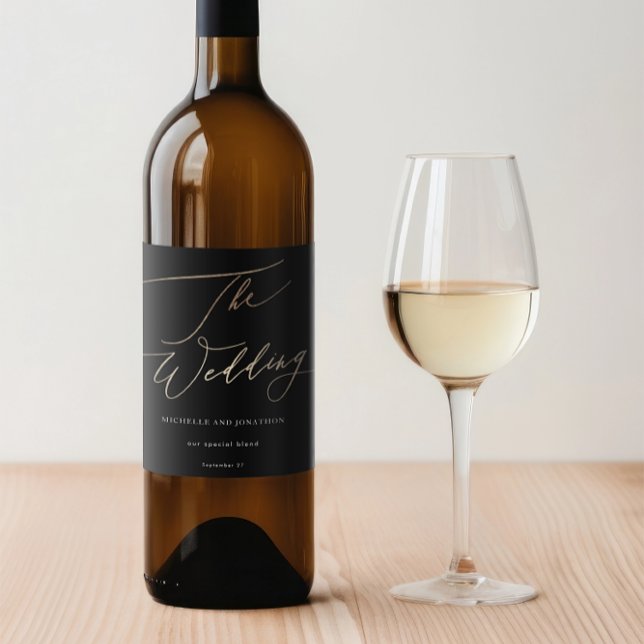 Yellow Gold Calligraphy Modern Calligraphy Wedding Wine Label (Creator Uploaded)
